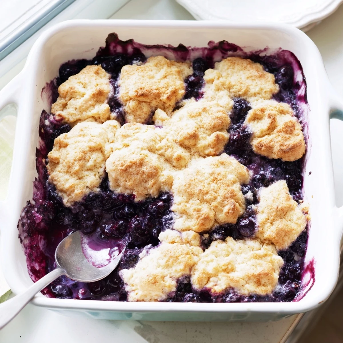 Golden biscuit topping bubbling over sweet, juicy frozen blueberries in a baked Moist Blueberry Cobbler With Frozen Berries casserole dish.