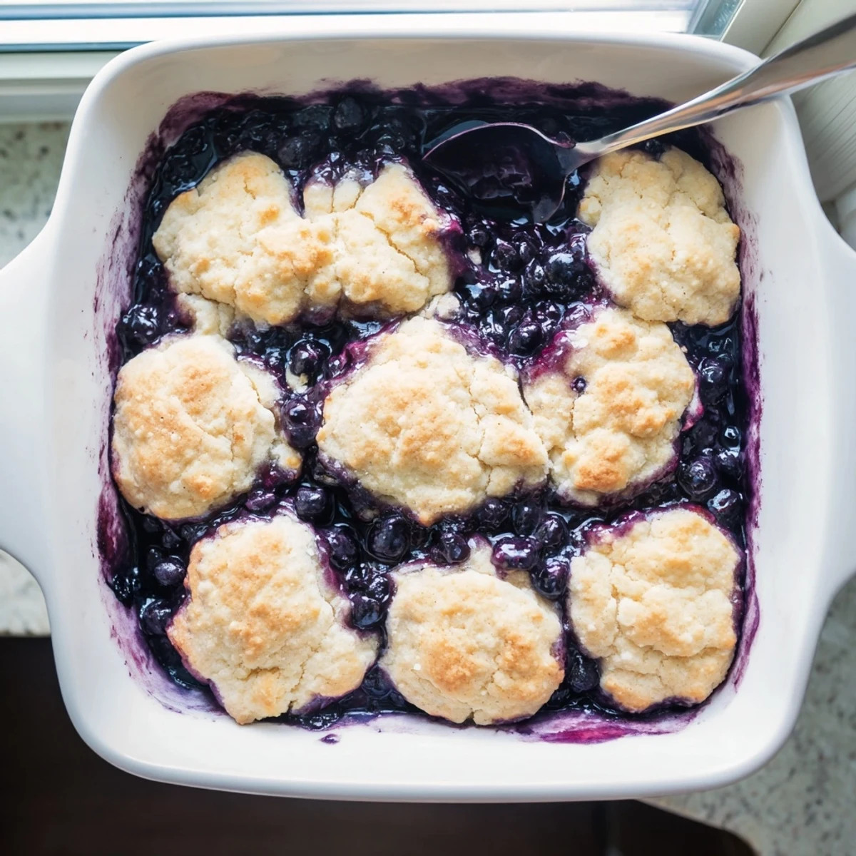 Moist Blueberry Cobbler With Frozen Berries served warm in a rustic bowl, ready for a scoop of melting vanilla ice cream.