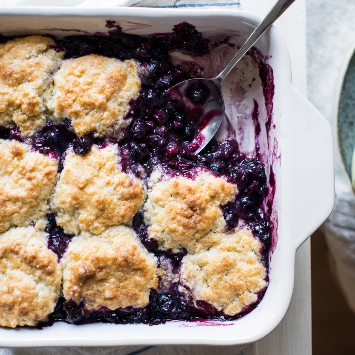 Freshly baked Moist Blueberry Cobbler With Frozen Berries cooling on a counter, showing a moist, crumbly crust and berry filling.
