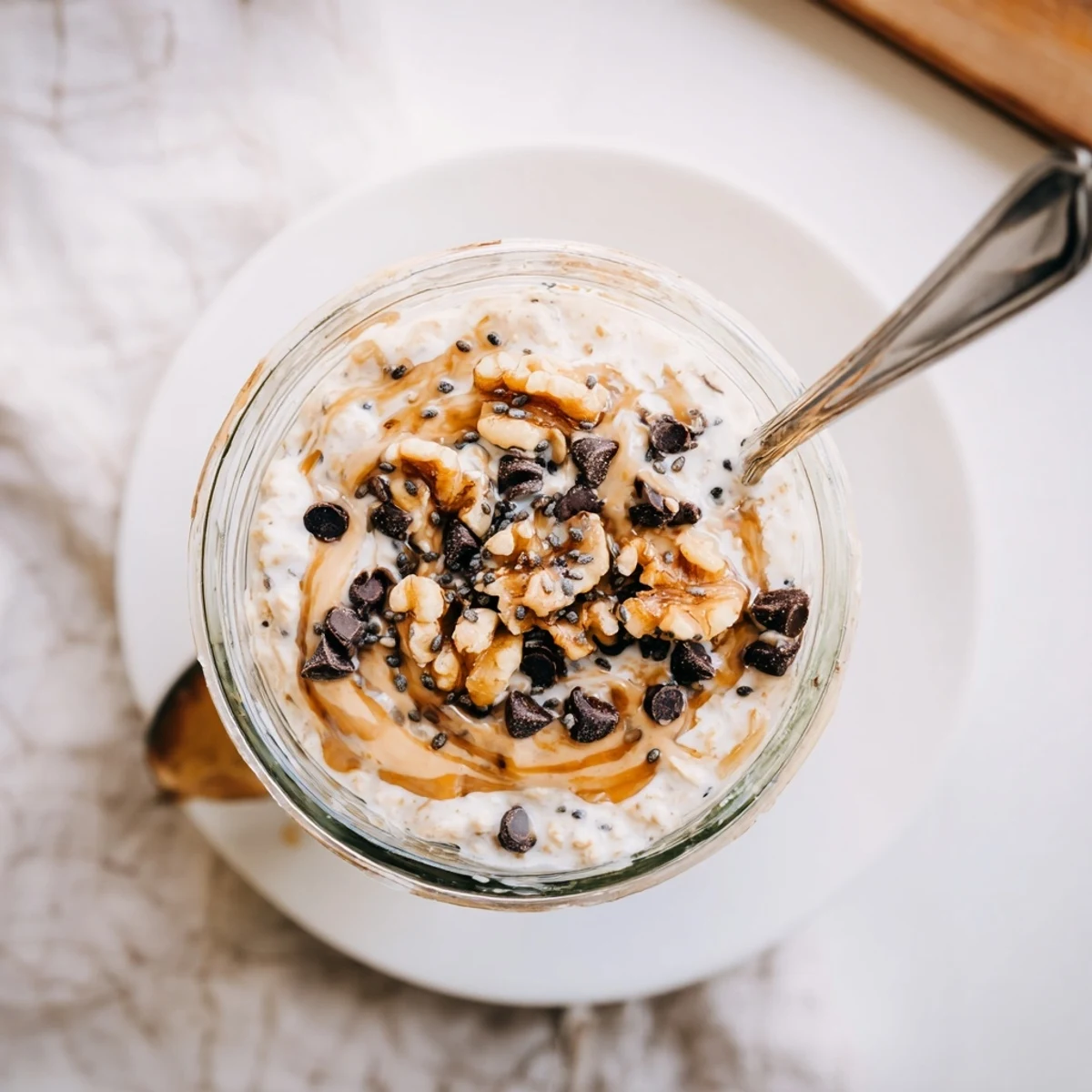 A jar of chilled Cookie Dough Overnight Oats topped with chocolate chips and a drizzle of nut butter.