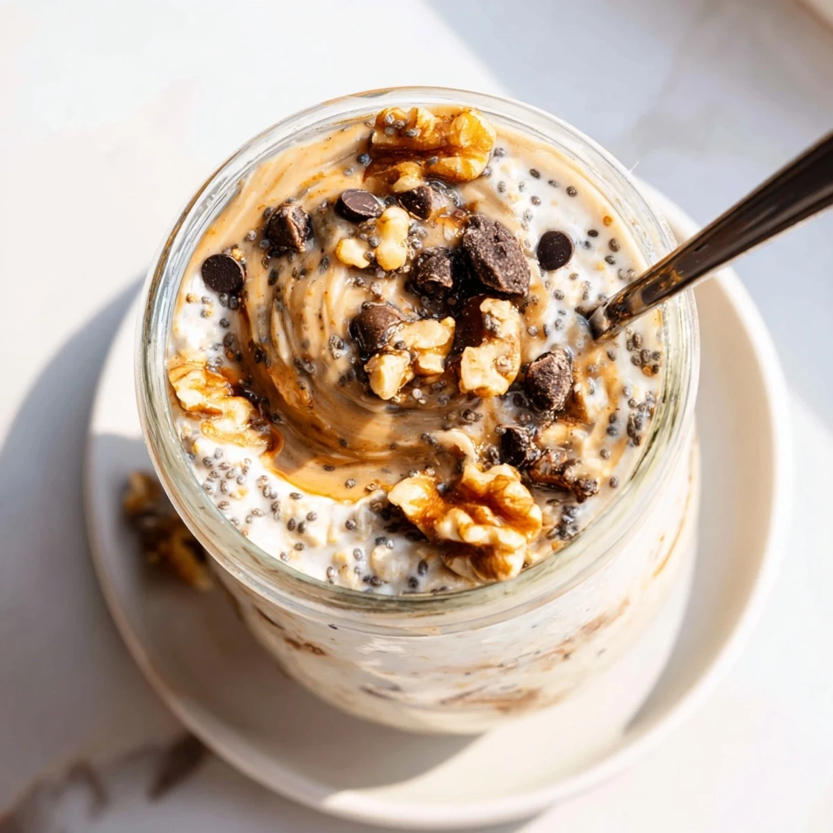 Enjoy a bowl of Cookie Dough Overnight Oats with walnuts and a spoon, ready for a quick breakfast.