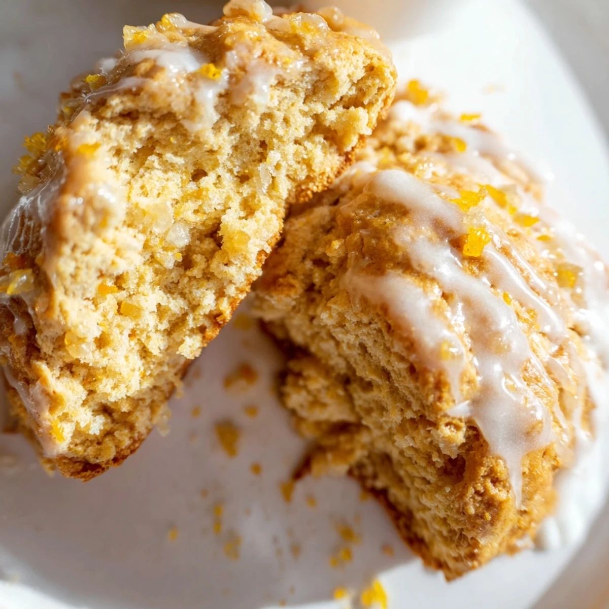 Freshly baked Candied Ginger Orange Scones cooling on a wire rack with a drizzle of sweet glaze.