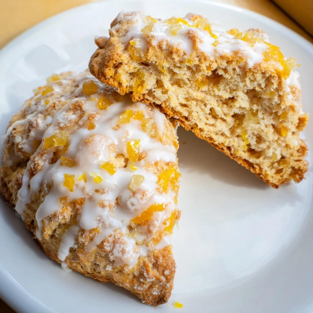 Golden brown Candied Ginger Orange Scones are ready to serve with clotted cream and a hot cup of tea.