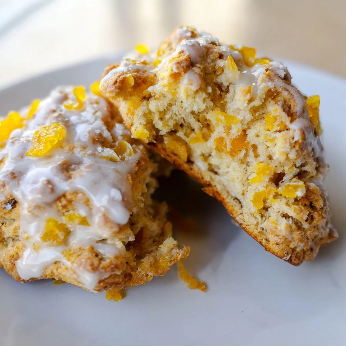 Close-up texture view of tender scones highlighting chunks of spicy candied ginger and fragrant orange zest.