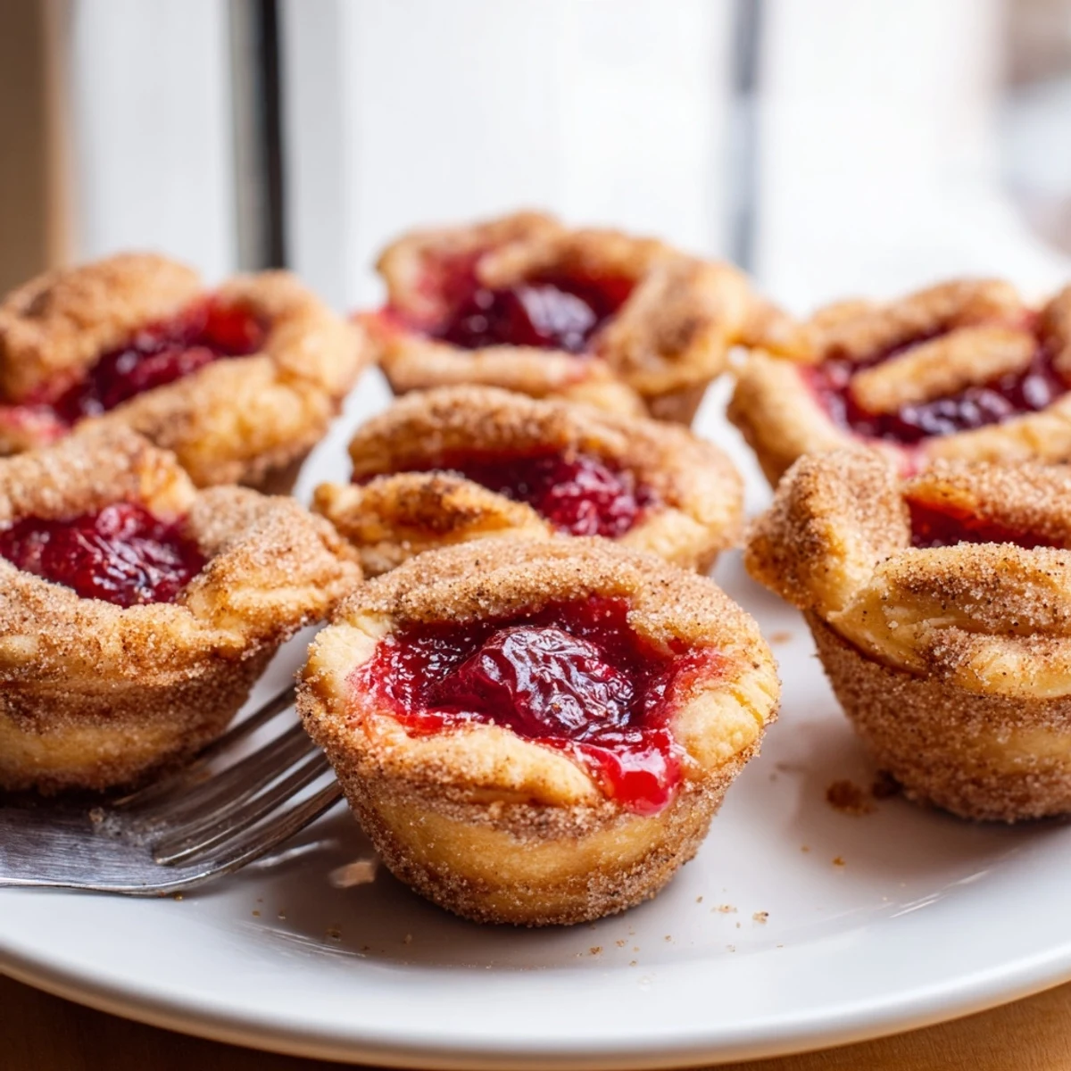 Golden-brown Quick Cherry Pie Bites with bubbly red filling on a wire rack.  