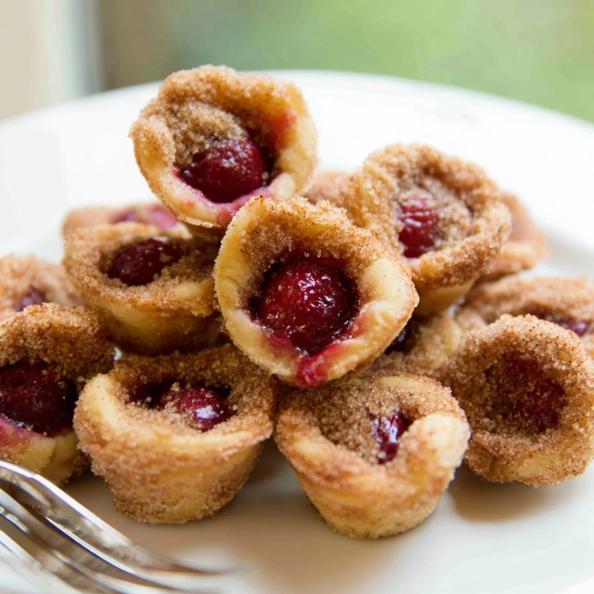 Mini Quick Cherry Pie Bites in a muffin tin with cinnamon-sugar topping.  