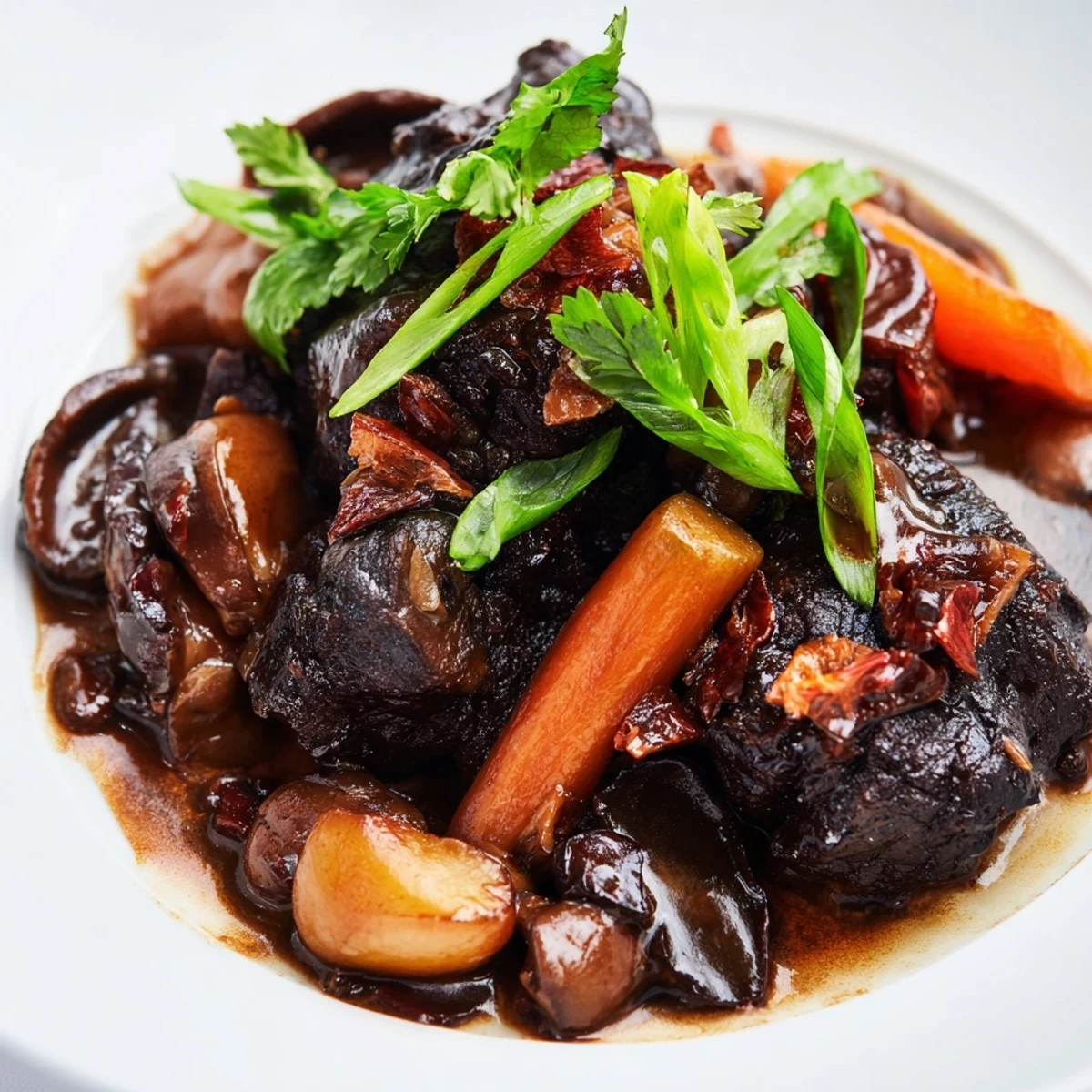 A hearty serving of Asian Style Slow Cooked Beef Cheeks With Mushrooms, paired with fluffy white rice and fresh cilantro on a rustic plate.