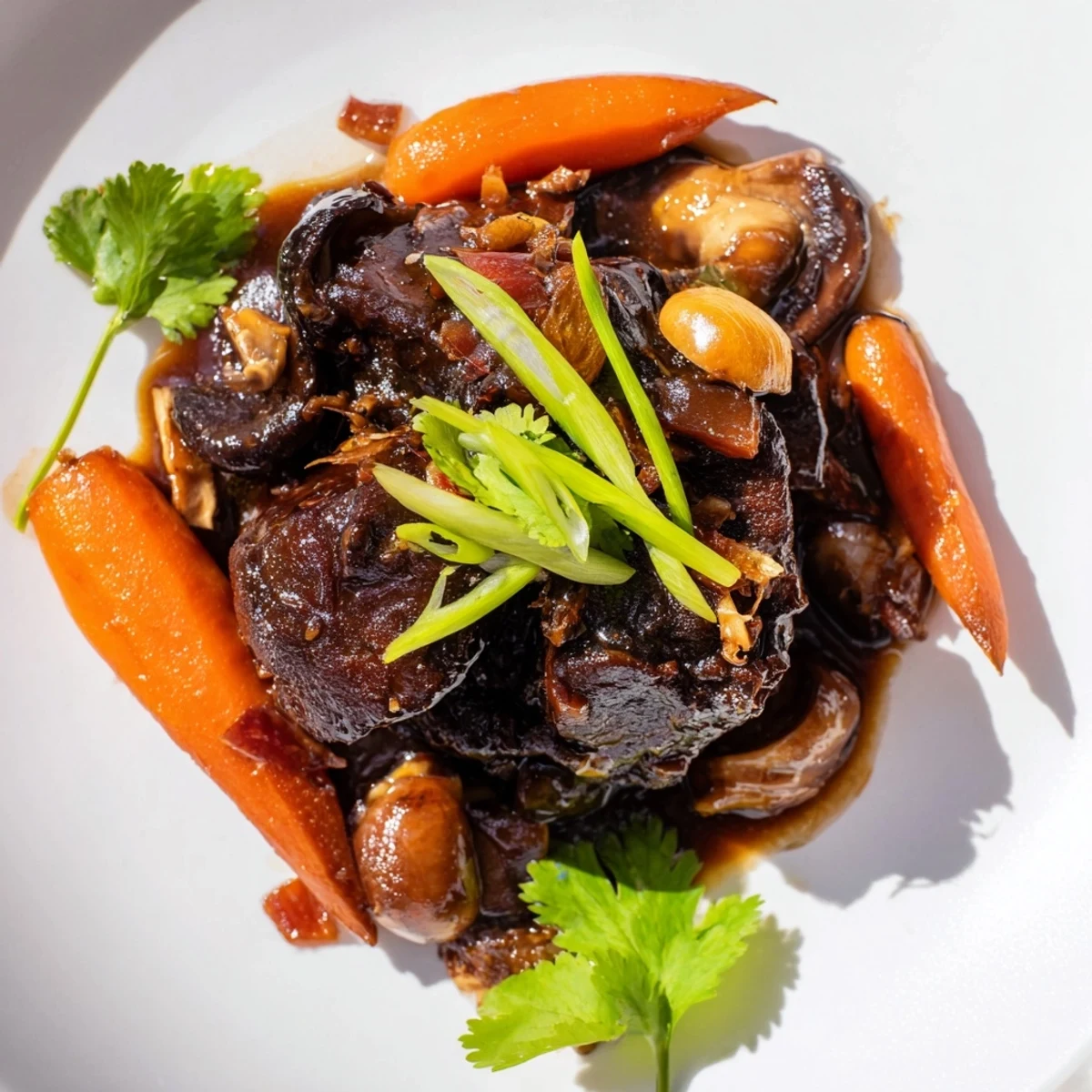 Fork-tender Asian Style Slow Cooked Beef Cheeks With Mushrooms in a glossy umami sauce, garnished with green onions and red chili slices.