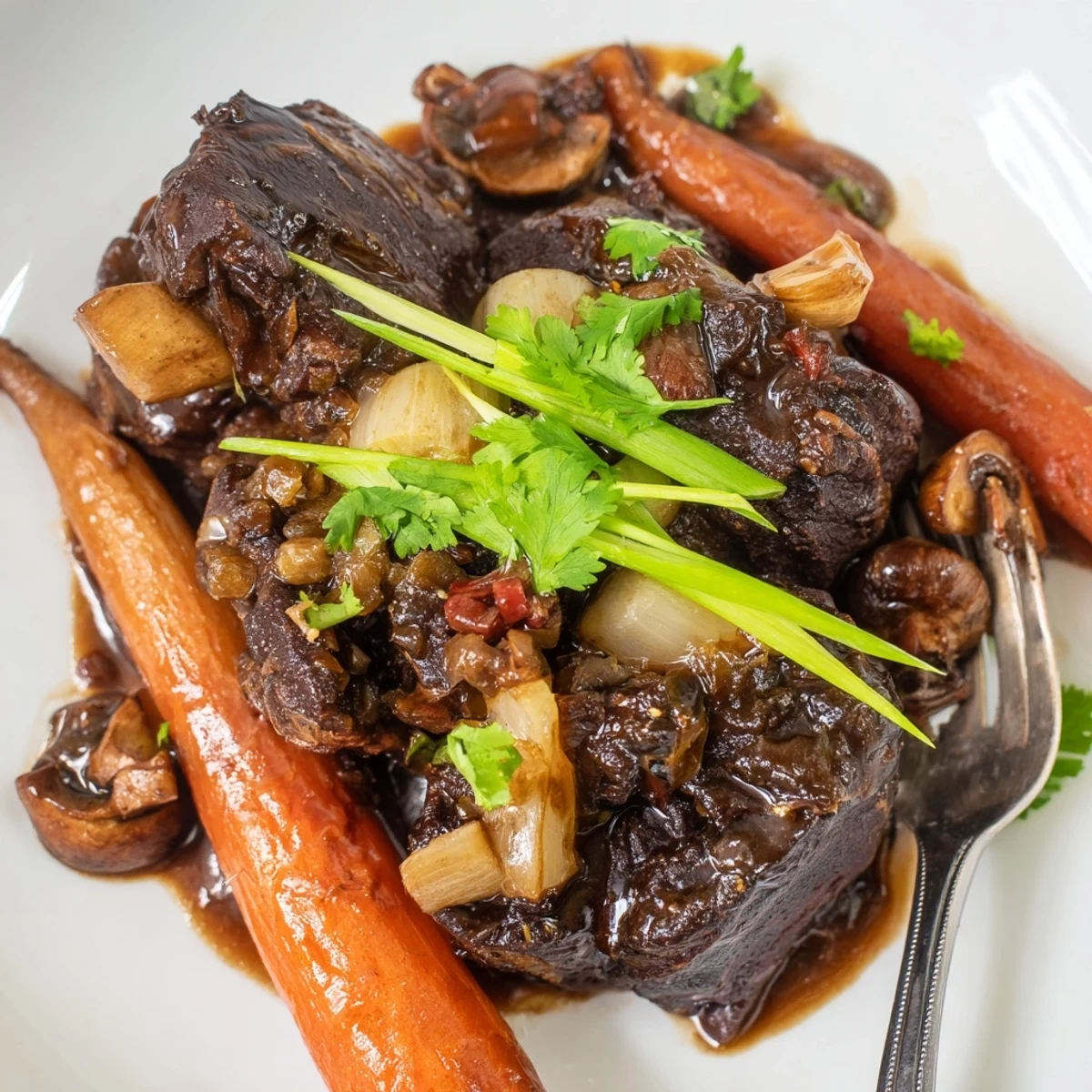 Close-up of Asian Style Slow Cooked Beef Cheeks With Mushrooms, showing tender meat braised with carrots and shiitakes in a rich, savory broth.