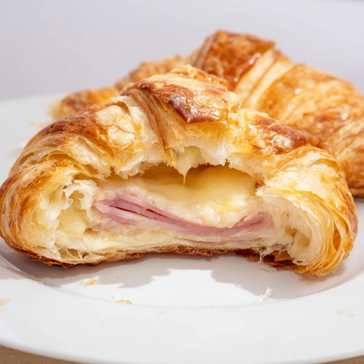 Flaky golden croissants filled with melted Swiss cheese and savory ham on a rustic plate.  