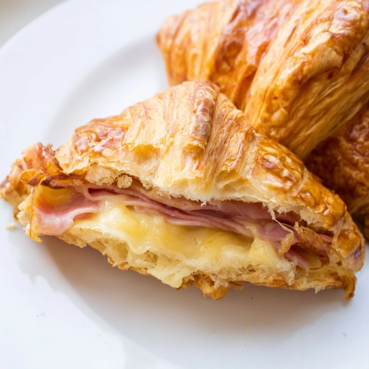 Freshly baked Ham and Cheese Croissants served warm with a side of crisp green salad.  