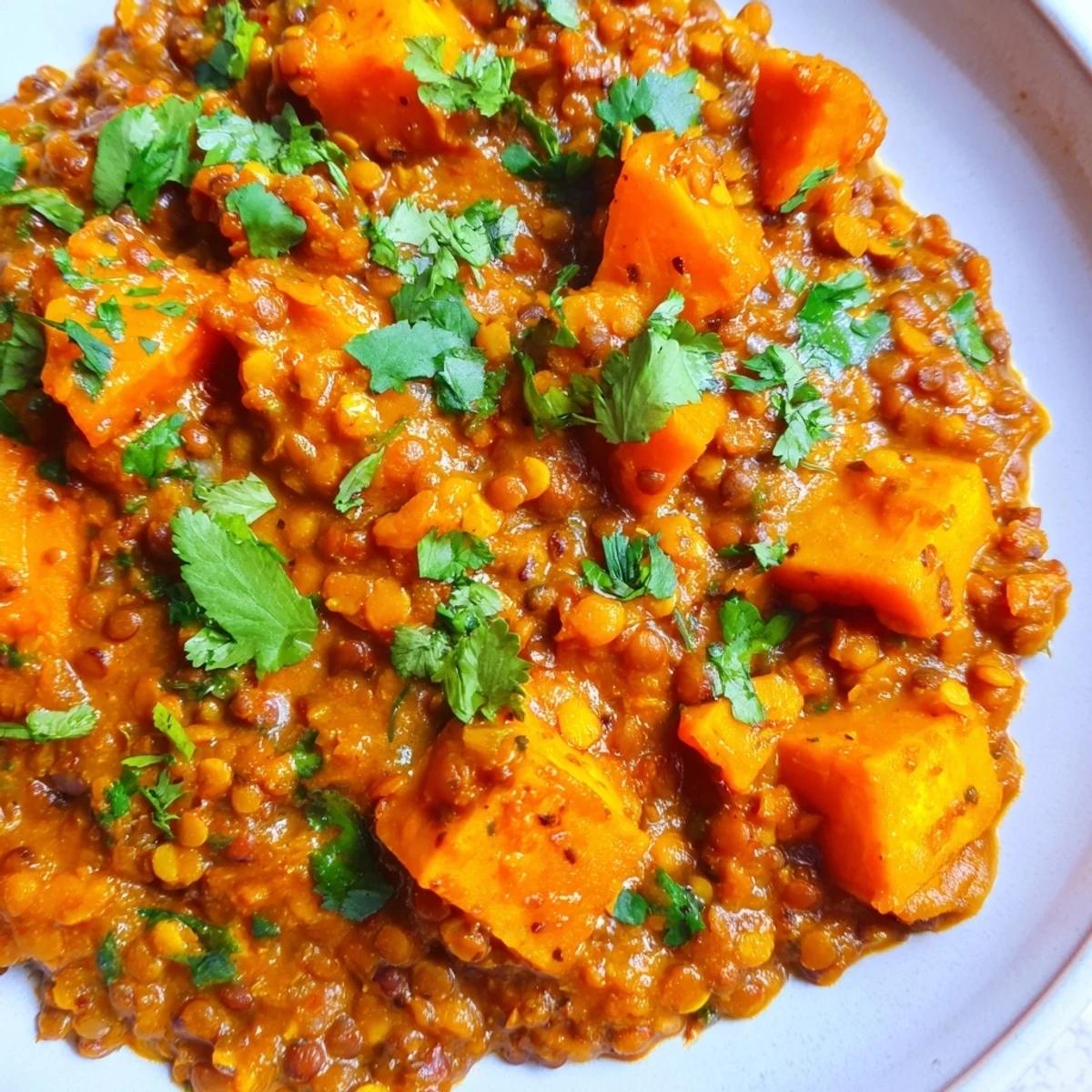 Vibrant orange pumpkin and red lentils in a creamy Pumpkin and Lentil Rogan Josh Curry, served over fluffy white rice with fresh cilantro.