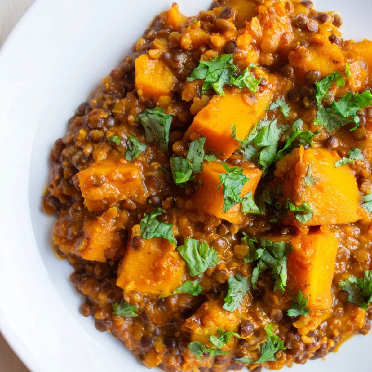 Warm Pumpkin and Lentil Rogan Josh Curry simmering in a pot, with tender pumpkin cubes and hearty lentils in rich, aromatic sauce.