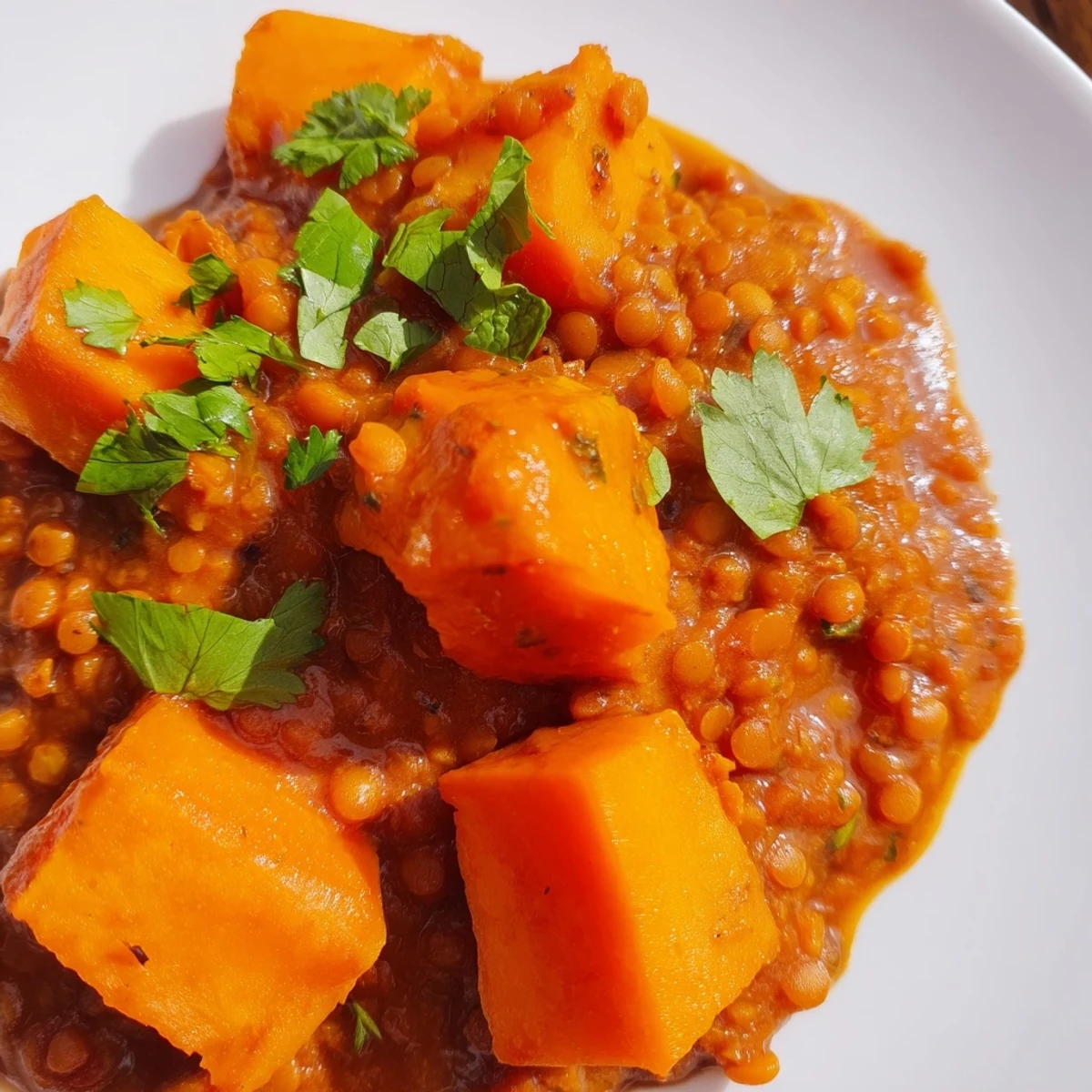 Close-up of Pumpkin and Lentil Rogan Josh Curry in a bowl, garnished with lemon wedges and cilantro, steam rising from the spices.