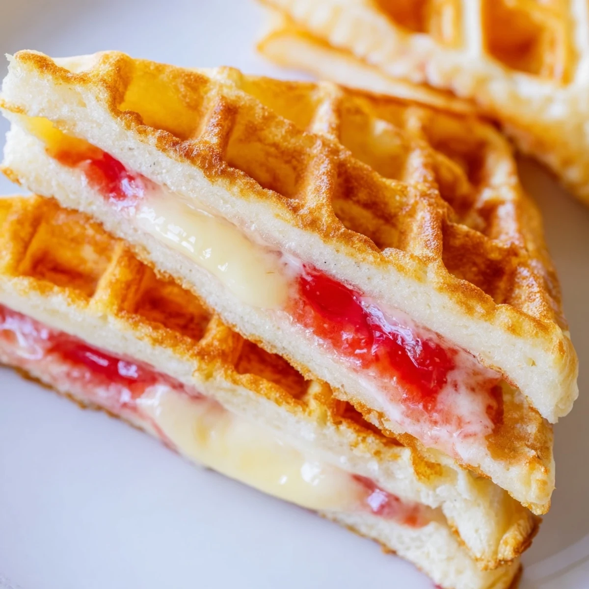 A close-up of a Sweet Waffle Grilled Cheese sandwich with melted cheese oozing from golden waffles.