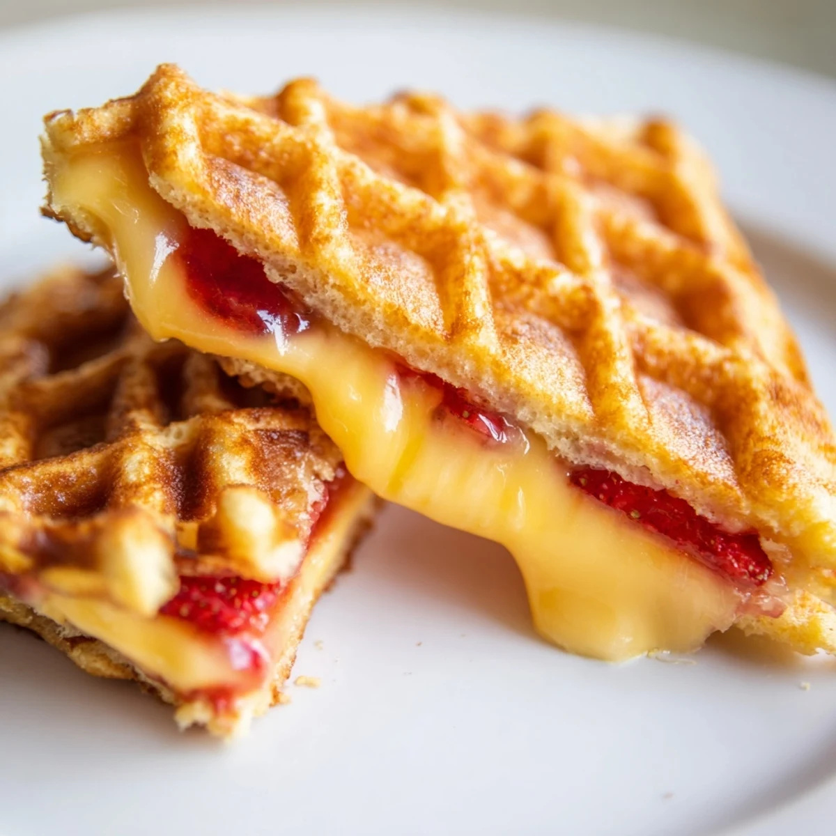 Overhead view of a Sweet Waffle Grilled Cheese cut in half to show gooey cheddar and fruit preserves between crispy waffles.