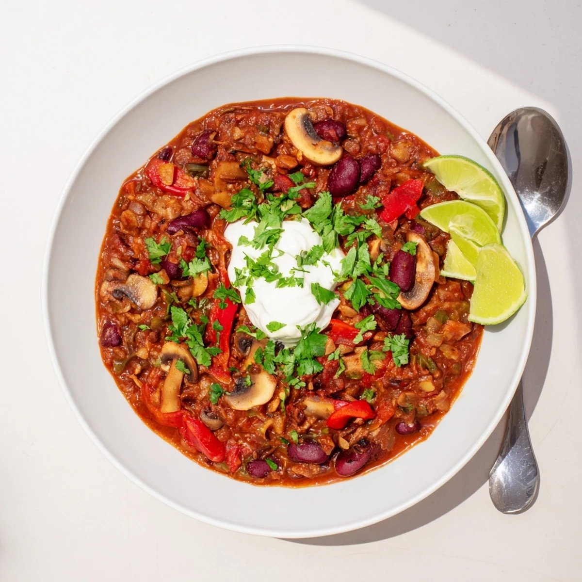 A hearty bowl of Chilli Mushroom Con Carne topped with cilantro and a dollop of sour cream, served with lime.