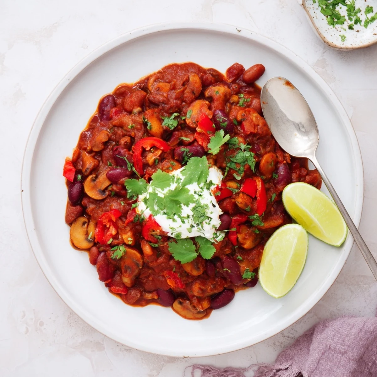 Close-up of Chilli Mushroom Con Carne in a rustic pot, showcasing diced red peppers and tender, browned mushroom pieces.