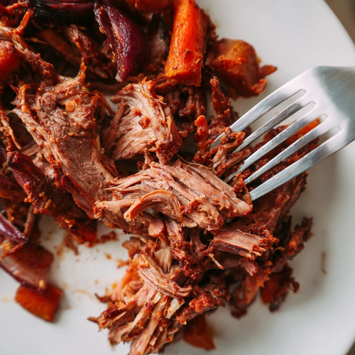 A beautifully plated serving of Slow Roasted Harissa Lamb Shoulder, glistening with rich pan juices and tender shreds of meat, ready to be enjoyed.