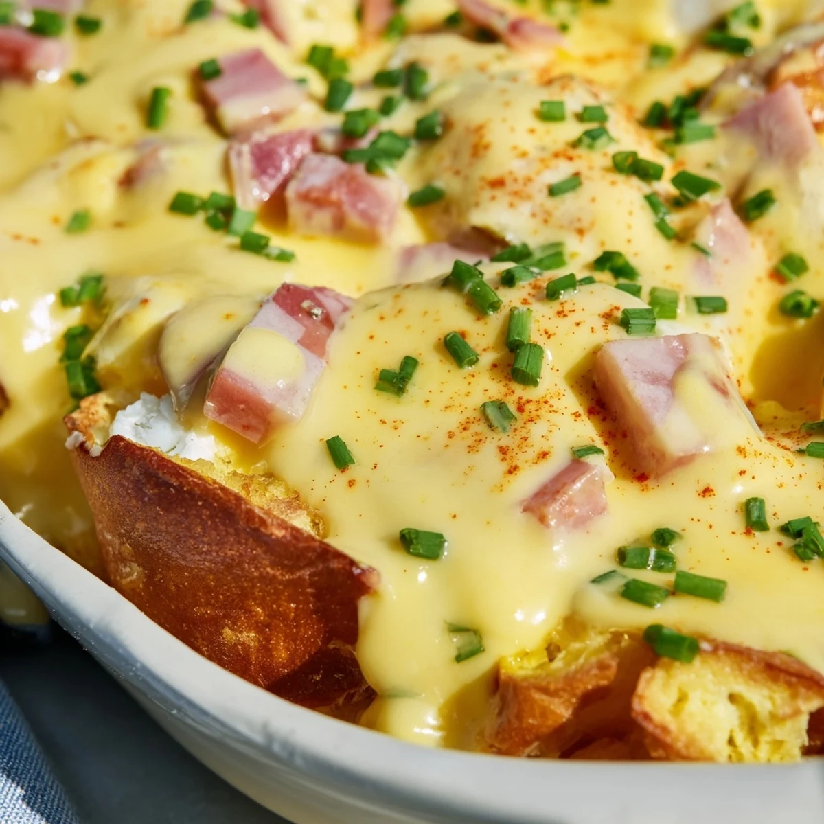 A close-up of Overnight Eggs Benedict Casserole, featuring fluffy eggs, Canadian bacon, and toasted English muffins topped with creamy hollandaise.