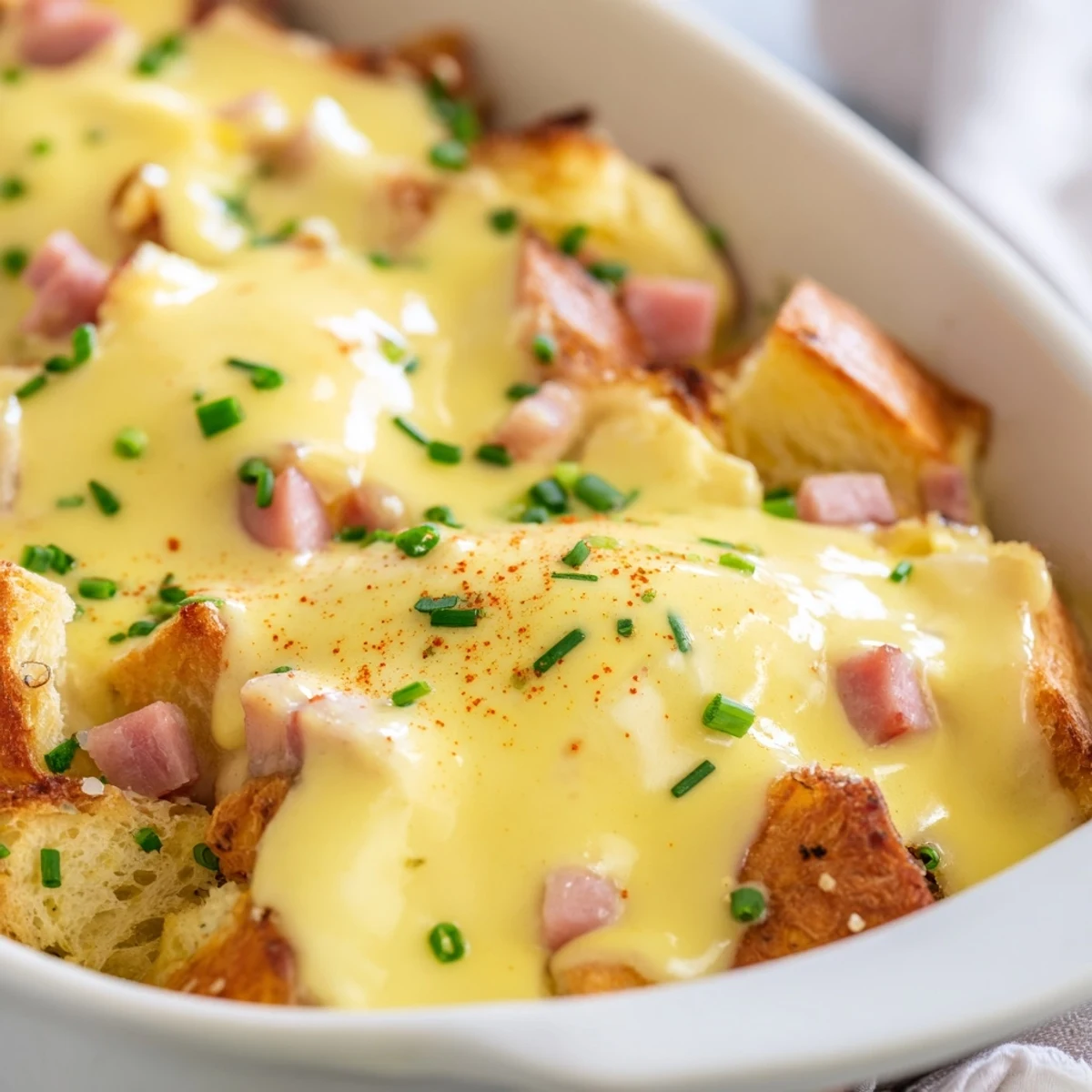 Overnight Eggs Benedict Casserole served on a white plate, garnished with fresh chives and paprika, perfect for a festive American breakfast.