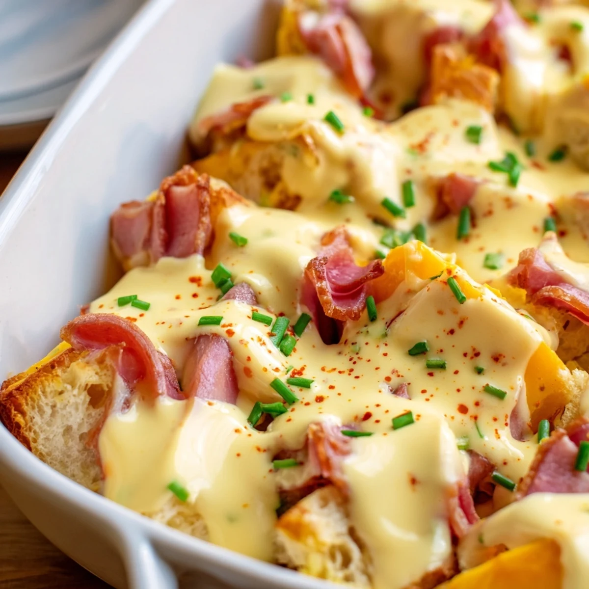 Golden brown Overnight Eggs Benedict Casserole fresh from the oven, with a rich egg custard and buttery hollandaise sauce for brunch.