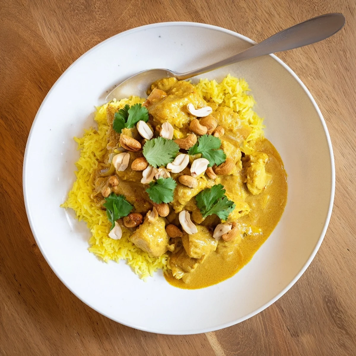 A close-up of Sri Lankan Coconut and Cashew Chicken with Saffron Rice garnished with cilantro.