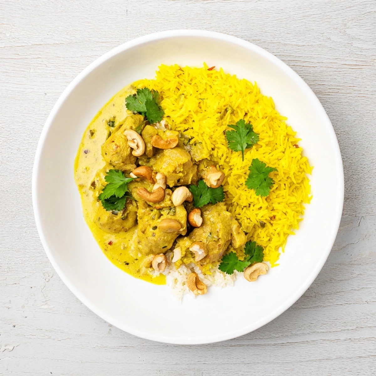 Fragrant saffron rice topped with coconut and cashew chicken curry, a colorful Sri Lankan meal.