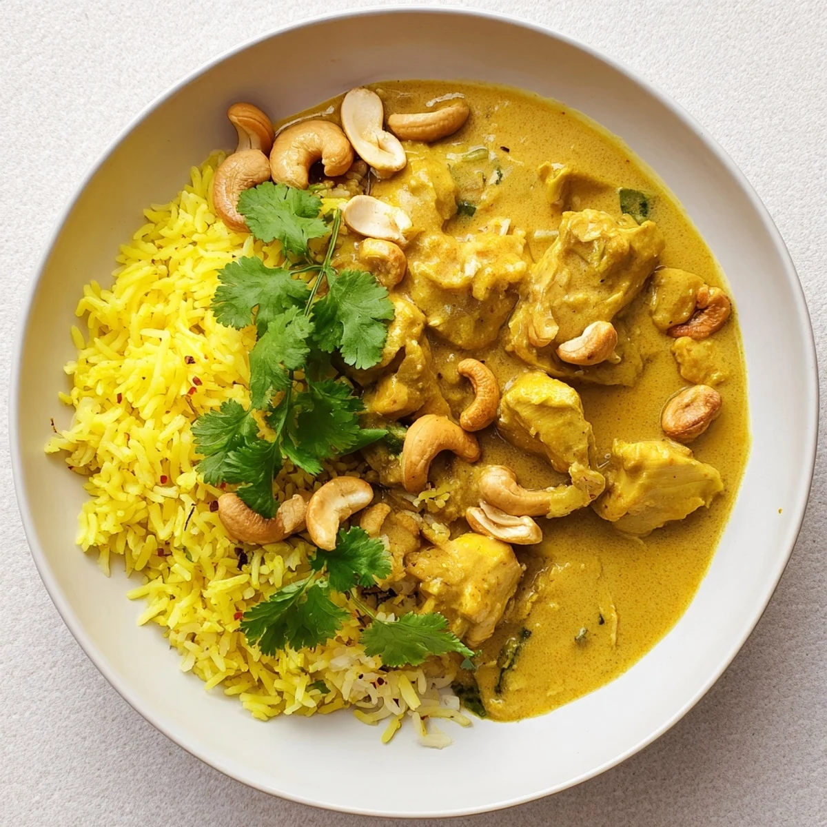 Creamy Sri Lankan Coconut and Cashew Chicken with Saffron Rice served hot in a bowl.