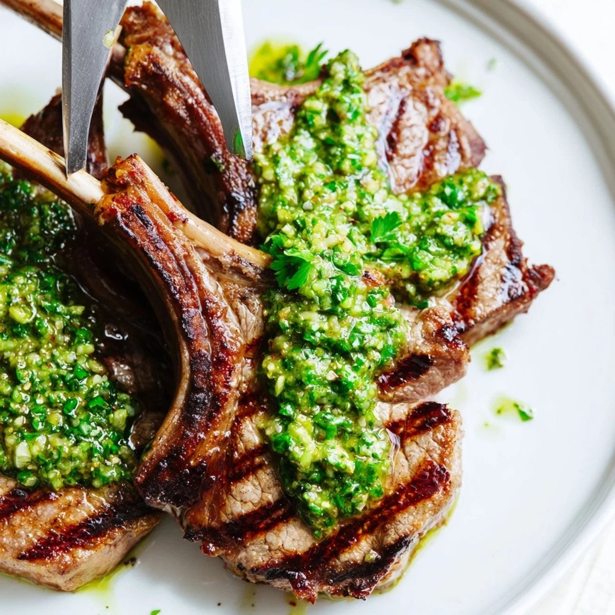Grilled BBQ lamb chops with vibrant avocado chimichurri dressing for a summer meal.