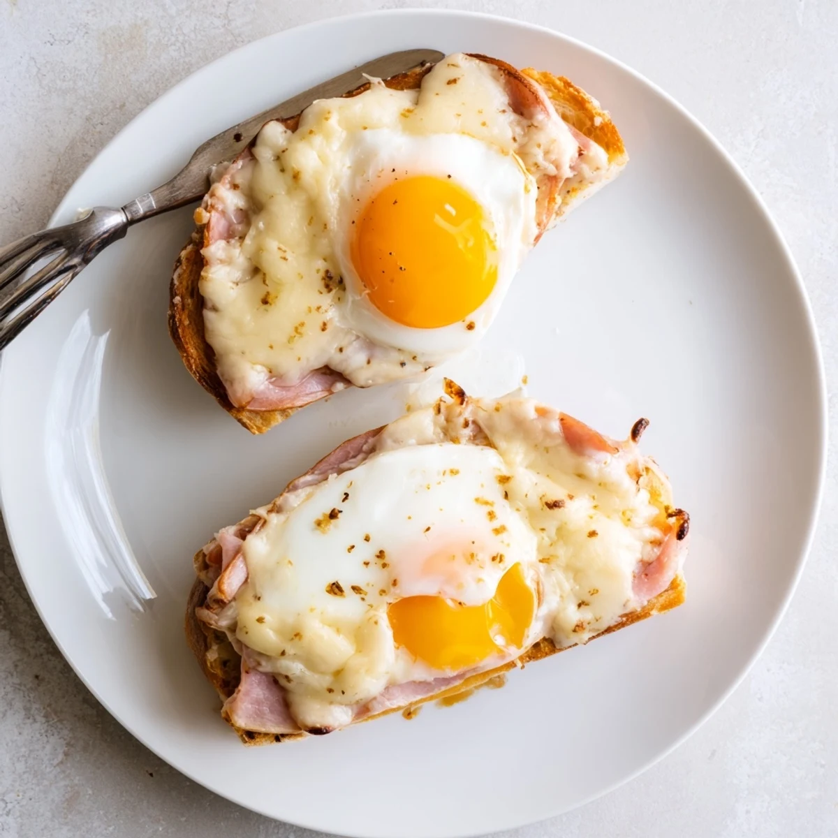 Golden-brown Croque Madame sandwiches topped with a sunny-side-up egg and creamy béchamel, served with a side salad.  
