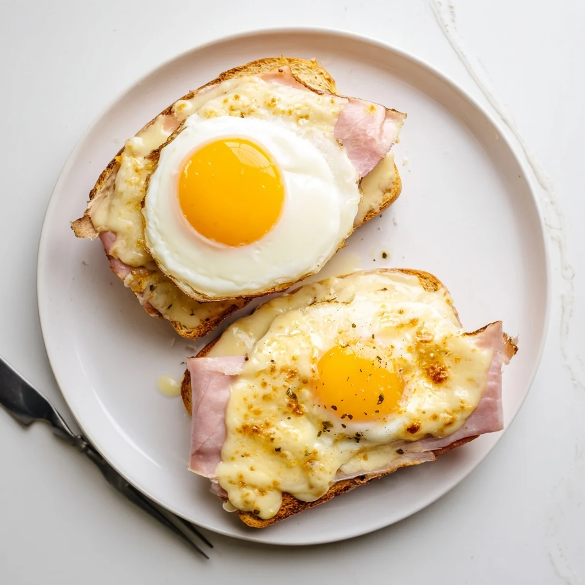 A close-up of a baked Croque Madame, revealing melted Gruyère and savory ham layers between crispy toast.  