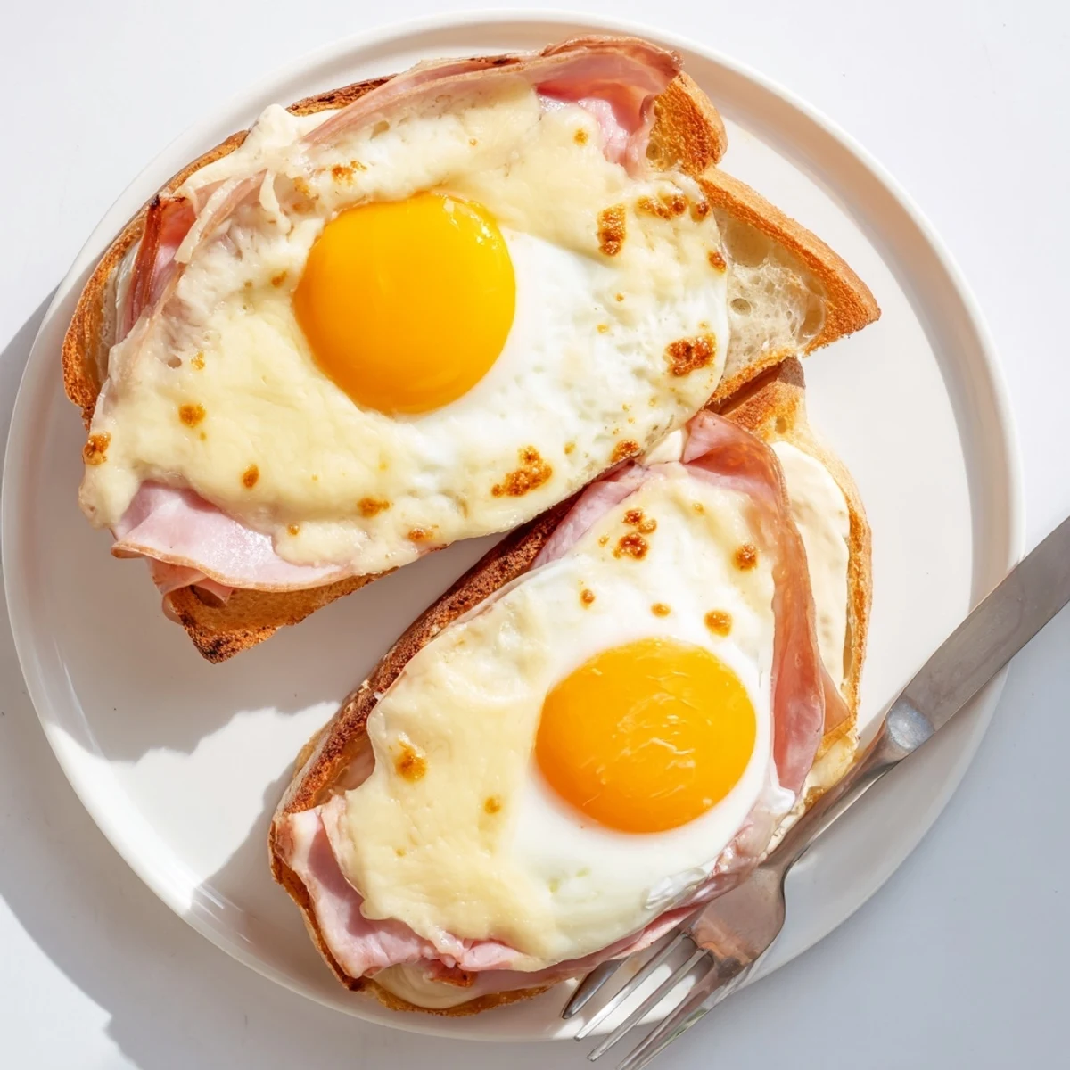 Overhead view of a plated Croque Madame with a runny yolk, ready to enjoy for a French bistro lunch.