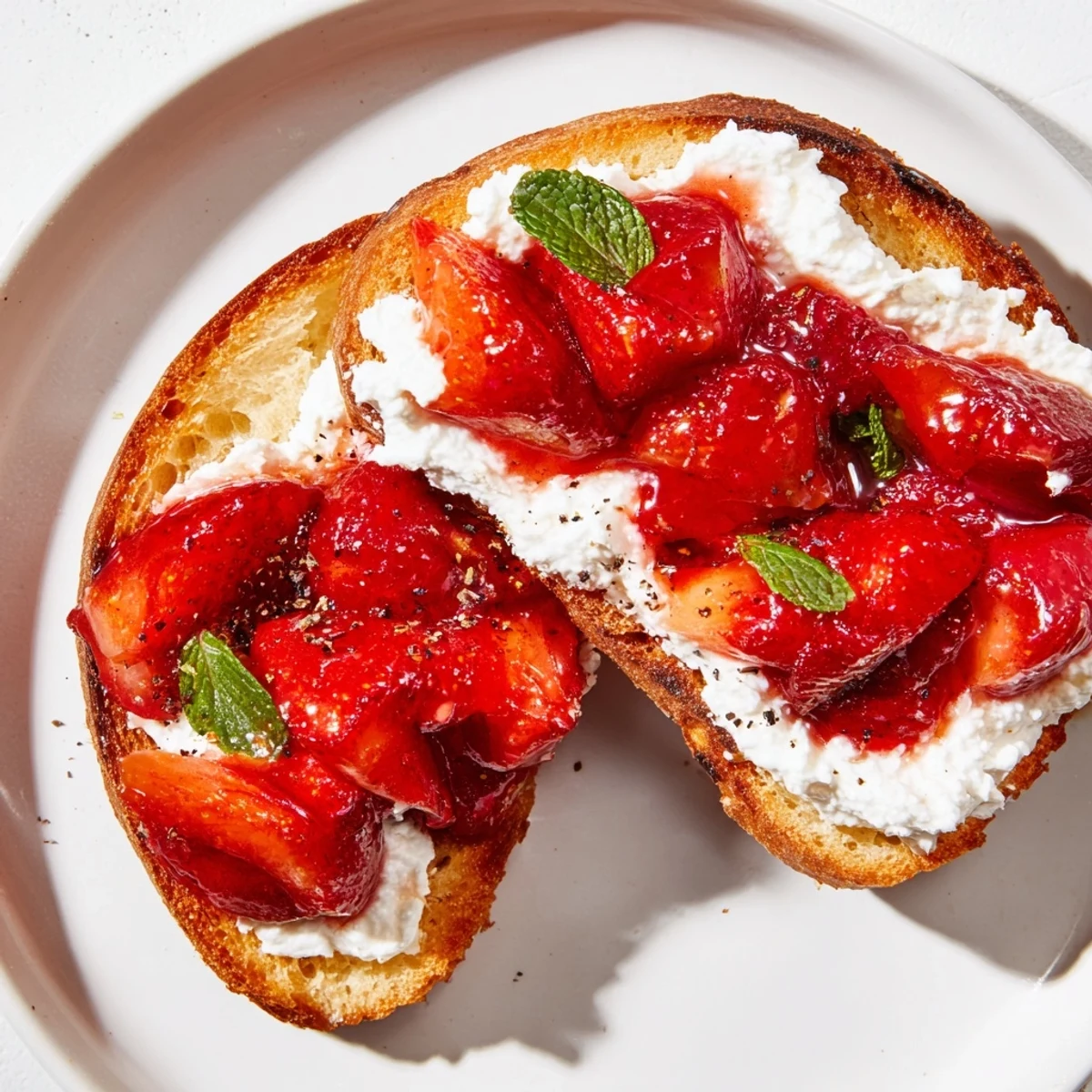 Golden-brown sourdough toast is spread with creamy whipped ricotta and topped with glossy, oven-roasted strawberries in this Roasted Strawberry Whipped Ricotta Toast.