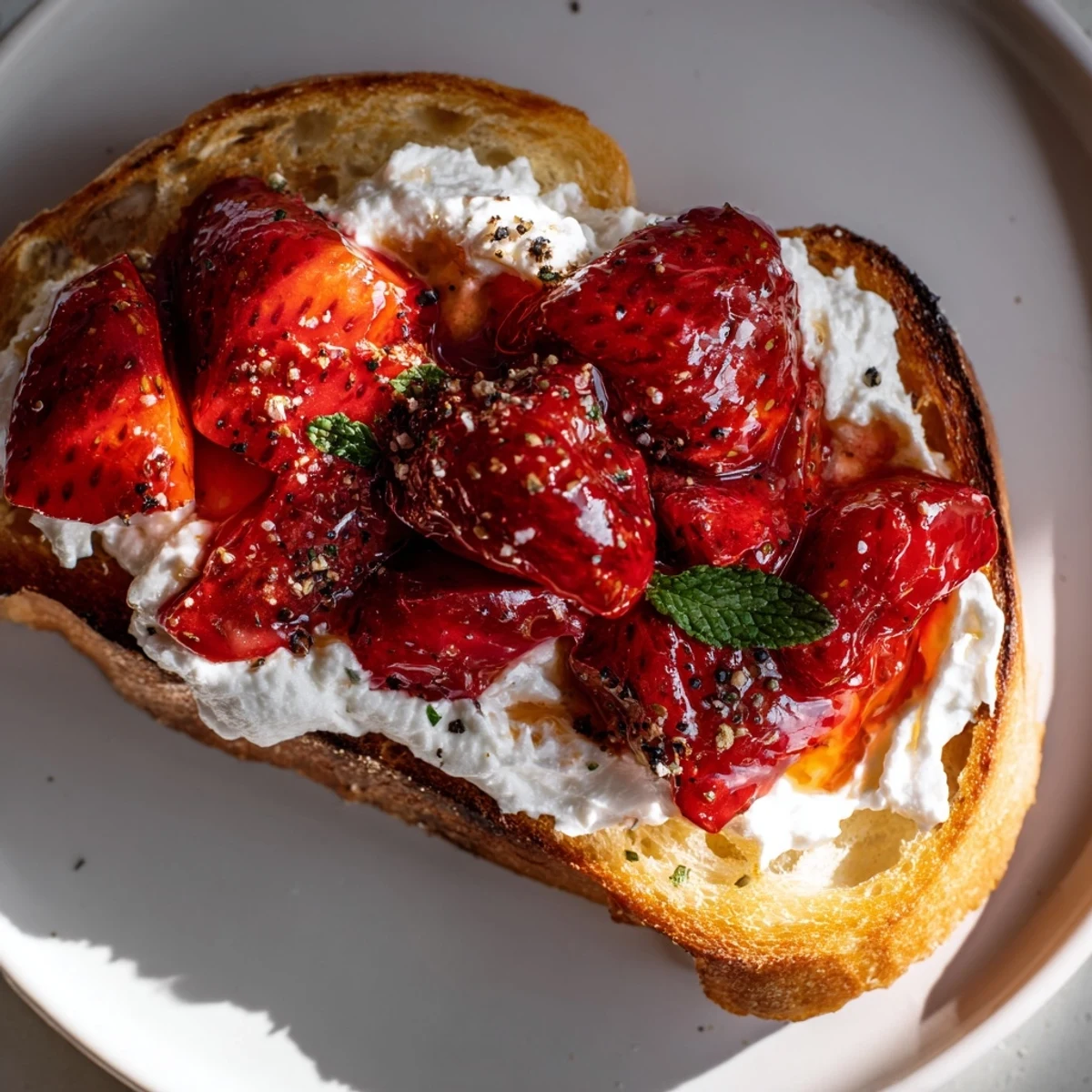 Bright red roasted strawberries glisten on a thick slice of Roasted Strawberry Whipped Ricotta Toast, garnished with fresh mint and a drizzle of honey.