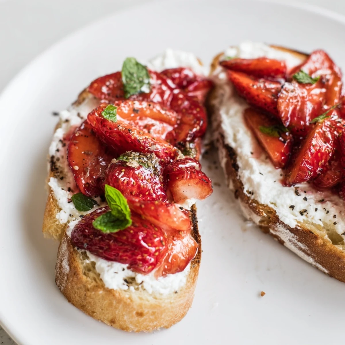 A close-up of Roasted Strawberry Whipped Ricotta Toast shows textured ricotta and juicy berries, served on a rustic plate with a background knife.