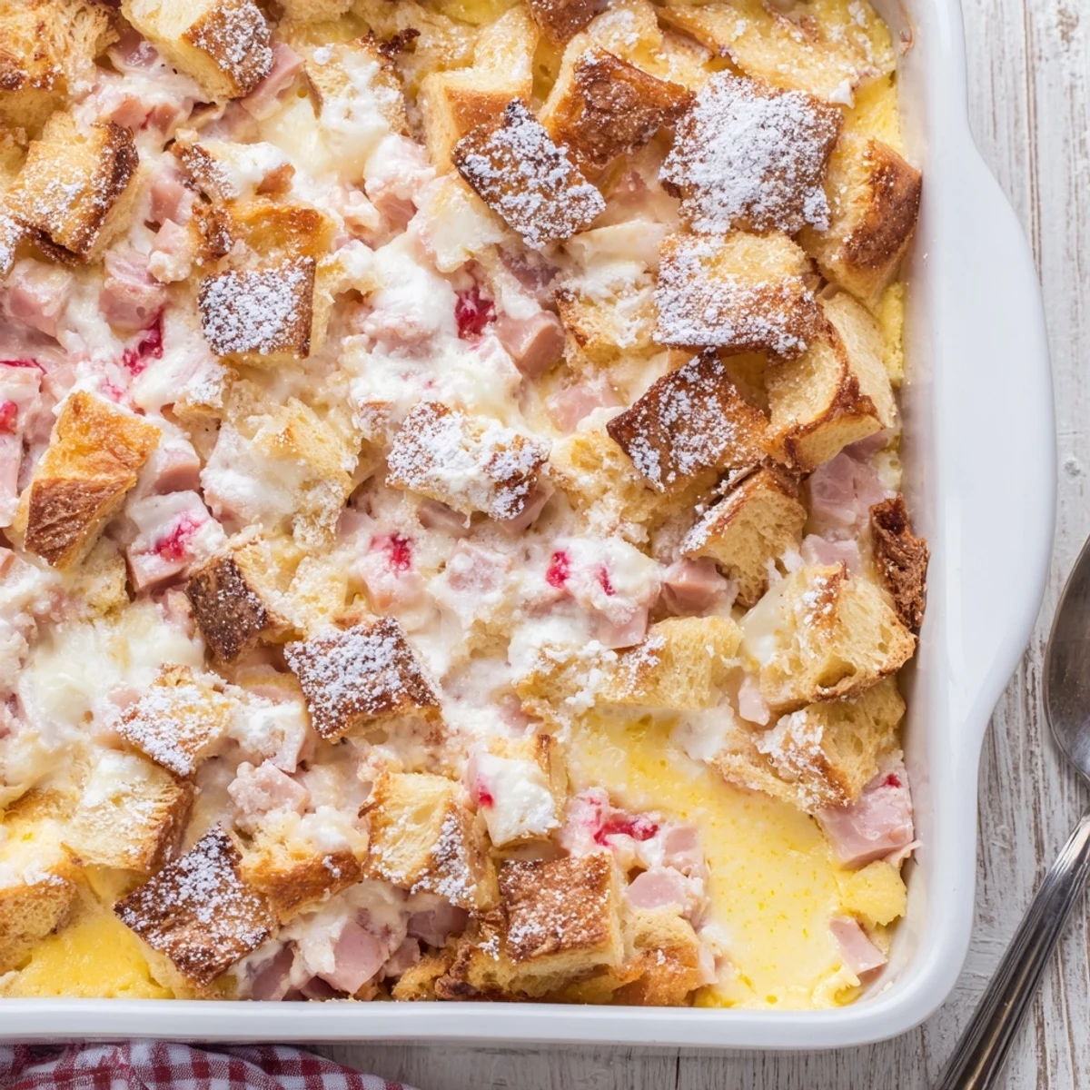 Golden-brown Monte Cristo Breakfast Casserole fresh from the oven, bubbling with melted Swiss cheese and chunks of savory ham and turkey inside a creamy egg custard base.  