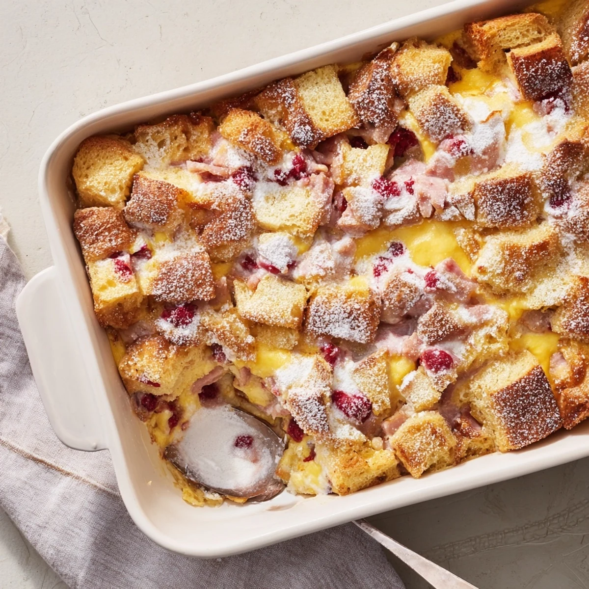 A plated slice of Monte Cristo Breakfast Casserole shows layers of ham, turkey, and Swiss cheese inside golden brioche cubes, dusted with powdered sugar and served with a small bowl of raspberry preserves on a rustic table.  