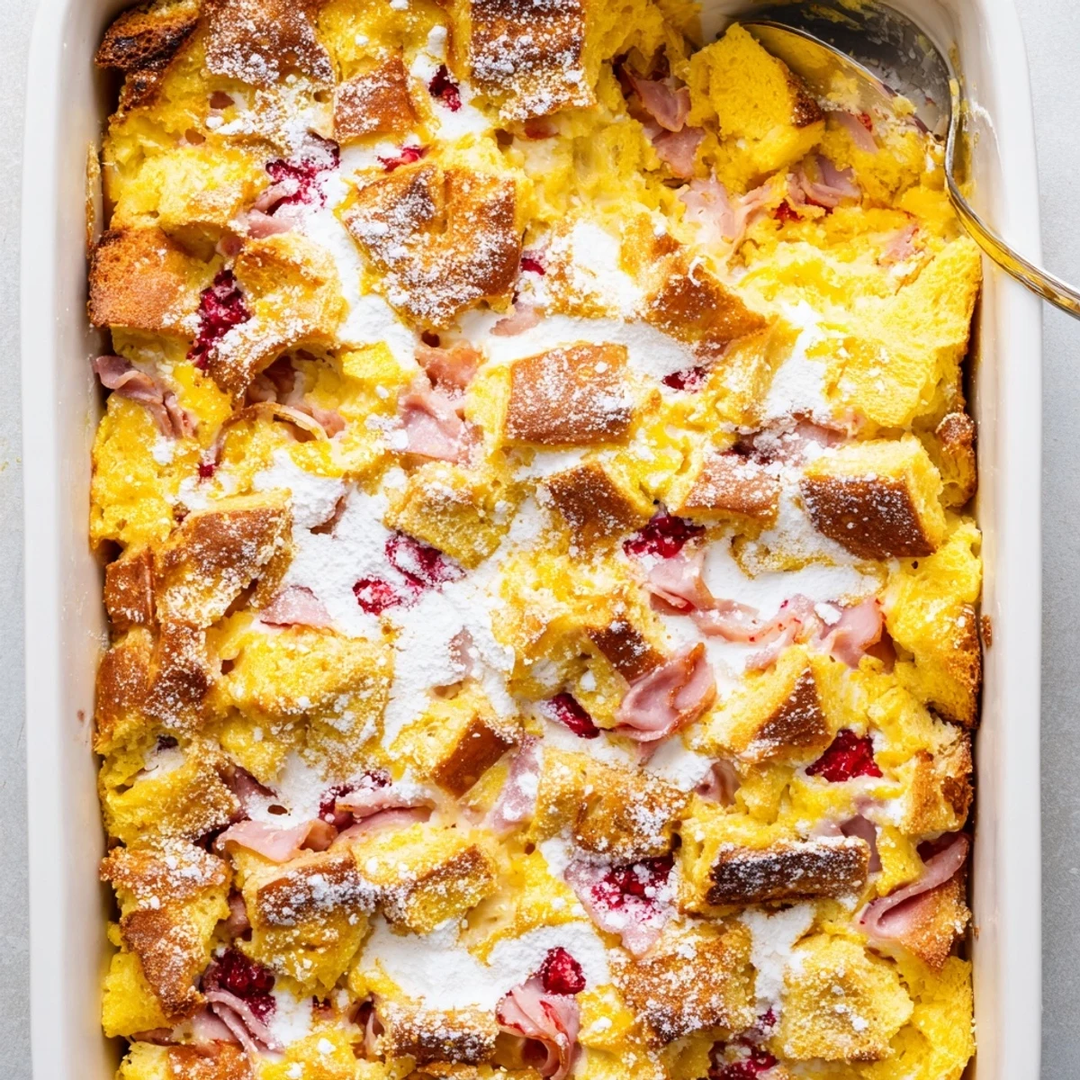 Fork ready Monte Cristo Breakfast Casserole served warm on a brunch plate, topped with a light dusting of powdered sugar and a side of sweet raspberry jam for dipping.