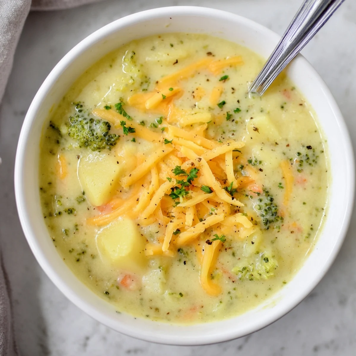 Creamy Cheesy Broccoli Potato Soup steaming in a rustic bowl, garnished with extra sharp cheddar and fresh chives for a comforting, cozy meal.