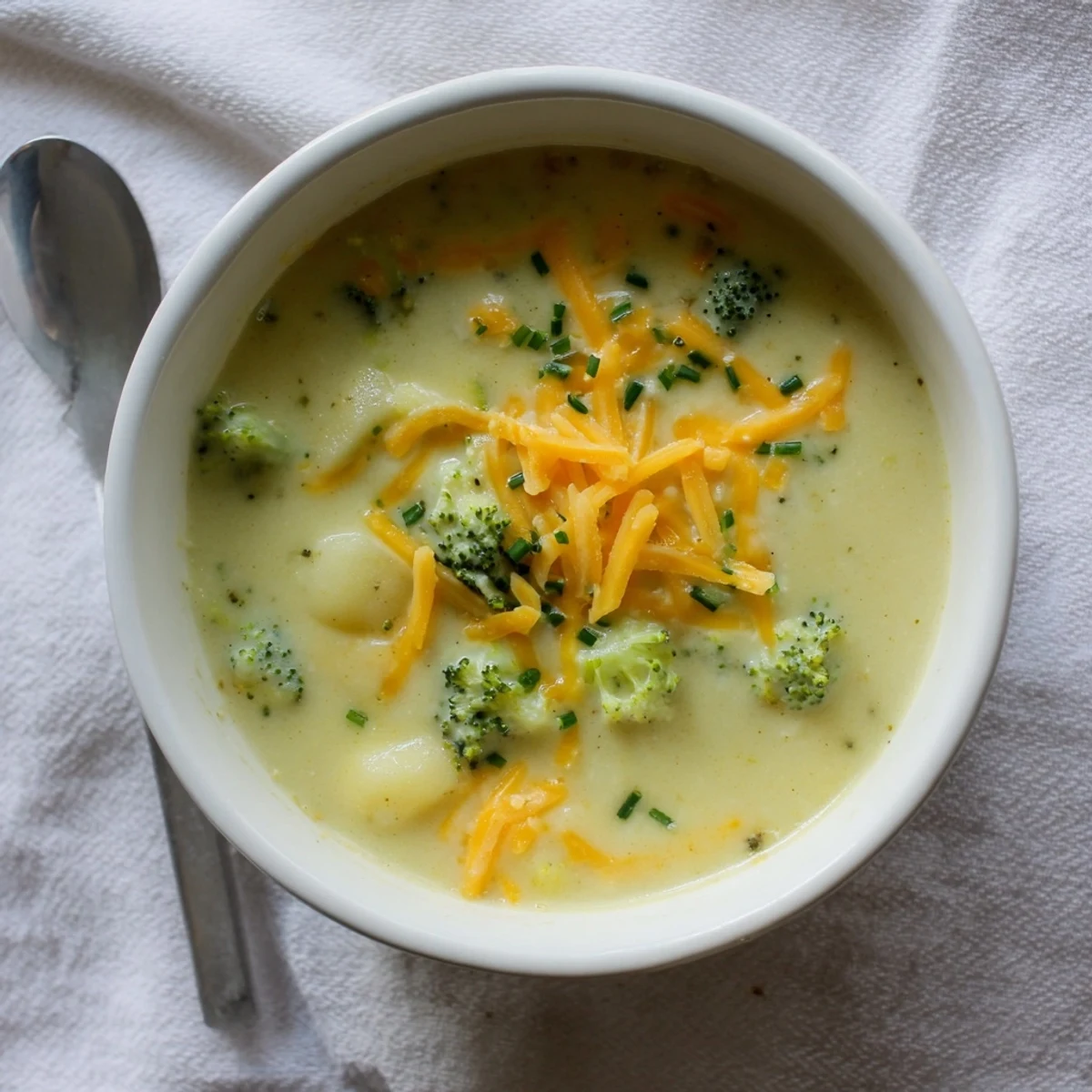 A ladle of Creamy Cheesy Broccoli Potato Soup pours into a bowl, with blurred warm lighting highlighting its rich, velvety texture and vegetable chunks.