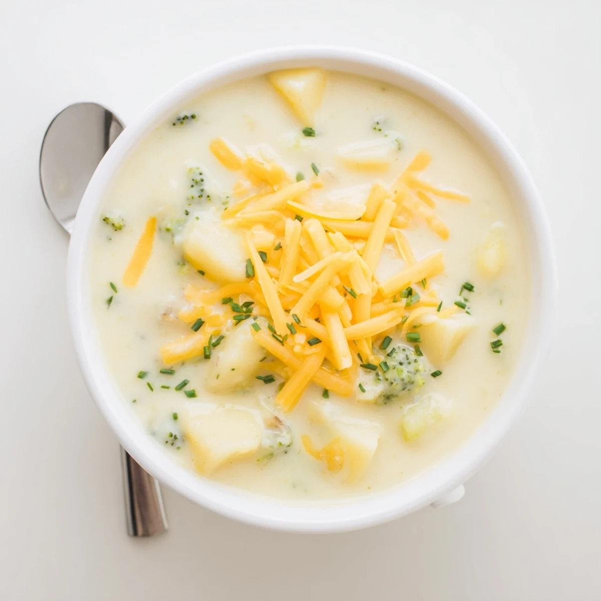 Creamy Cheesy Broccoli Potato Soup served beside crusty bread, inviting a hearty lunch with smooth, cheesy broth and tender broccoli florets for dipping.