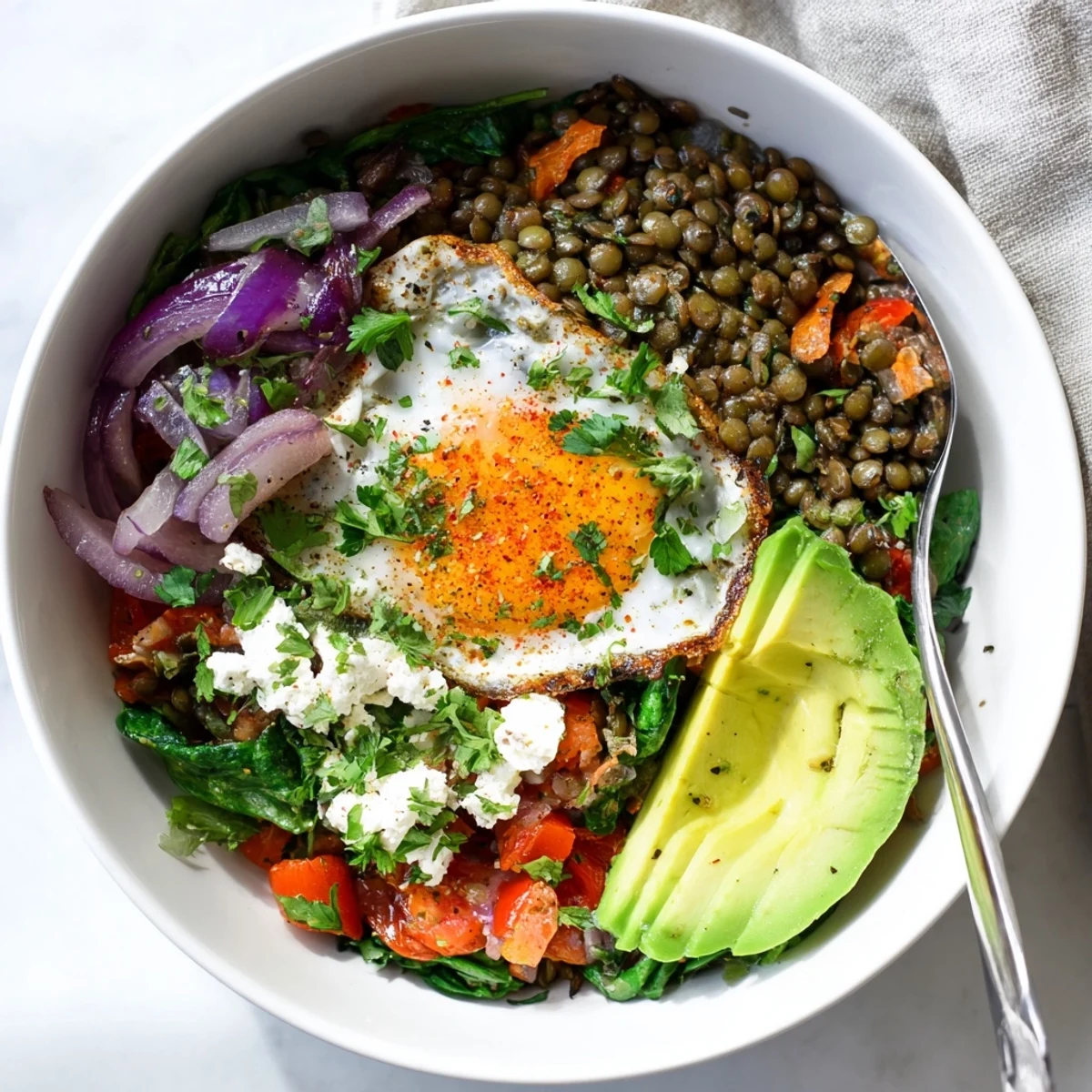 This cozy Savory Lentil Breakfast Bowl features sautéed vegetables, warm spices, and a perfectly poached egg on a bed of lentils.