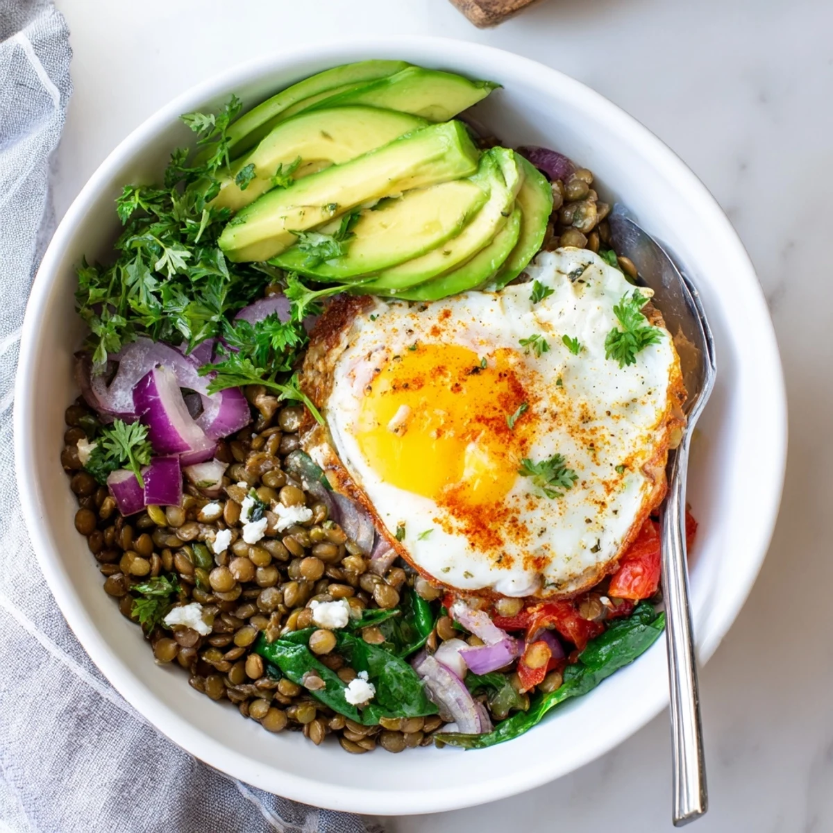 Serve this hearty Savory Lentil Breakfast Bowl in a ceramic bowl, garnished with crumbled feta and fresh parsley for extra flavor.