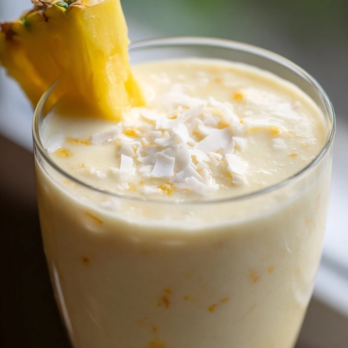 Creamy Pineapple Coconut Smoothie in a tall glass garnished with a pineapple wedge and shredded coconut.