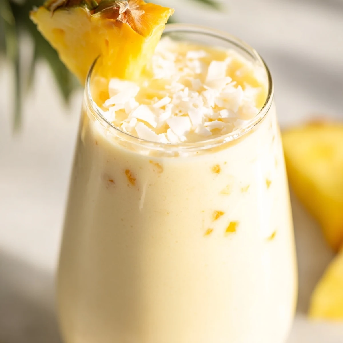 Bright tropical Pineapple Coconut Smoothie with ice cubes and a straw, ready for a refreshing sip.