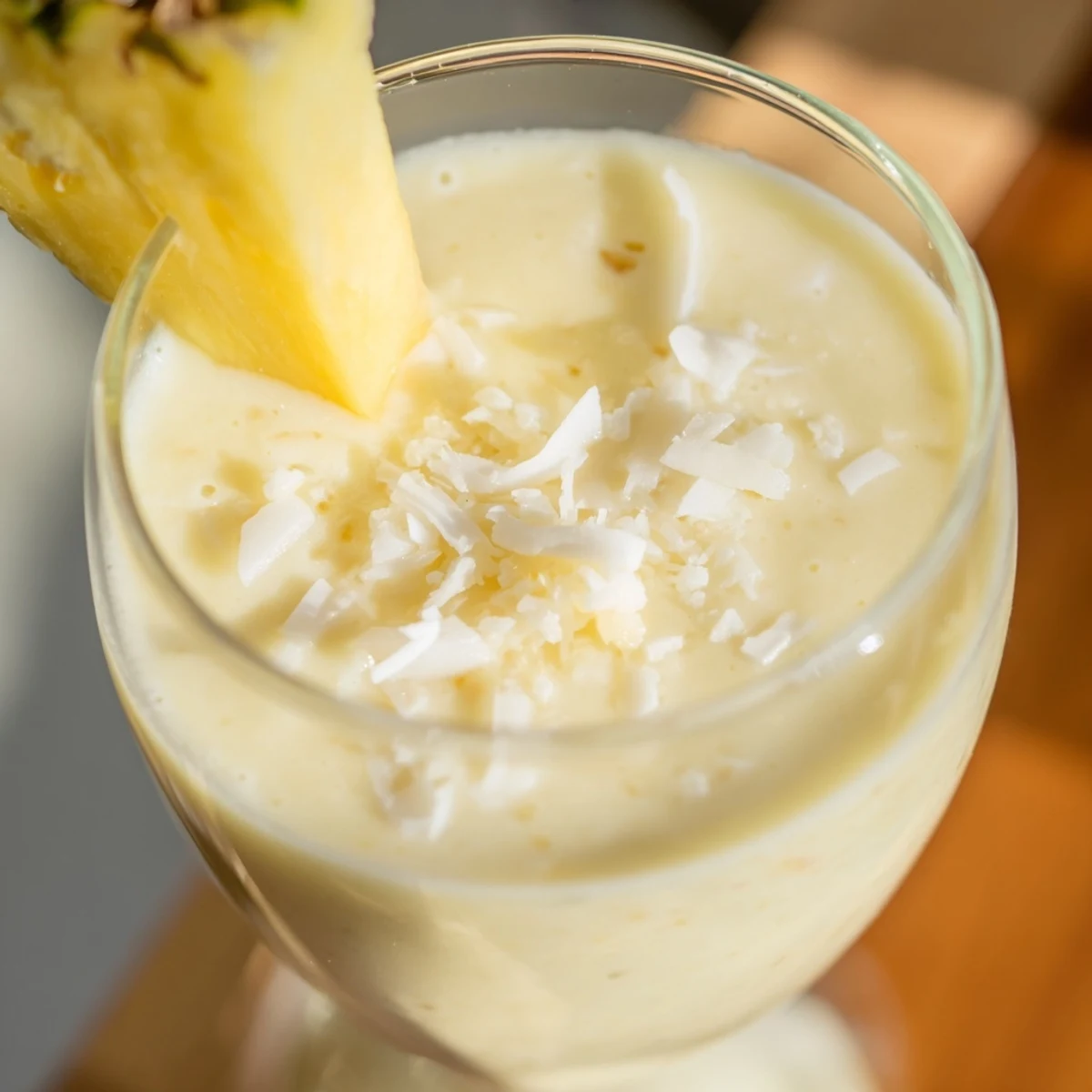 Cold Pineapple Coconut Smoothie topped with extra shredded coconut, poured into a clear serving glass.