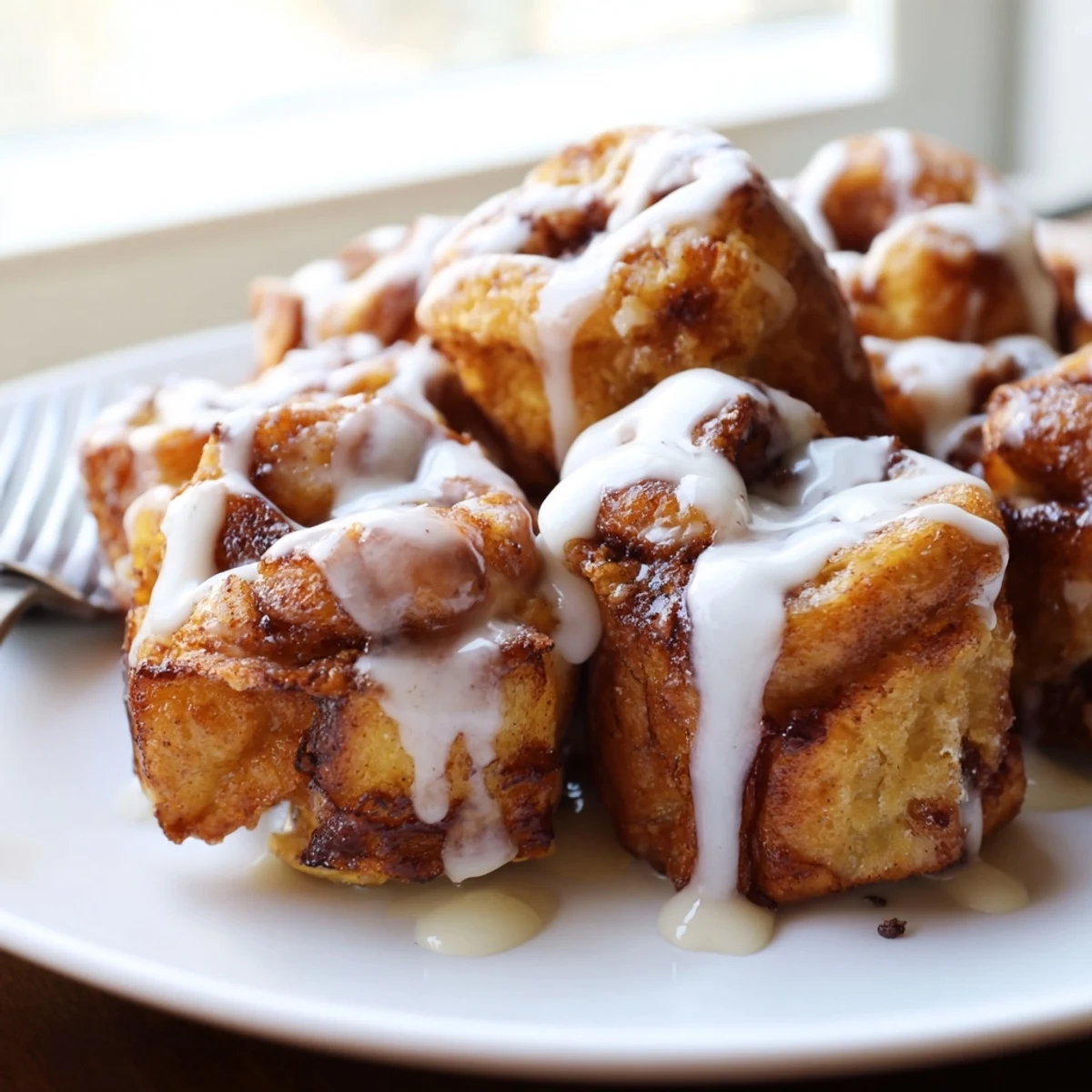 Golden-brown Cinnamon Roll French Toast Bites stacked high, ready for a sweet breakfast.