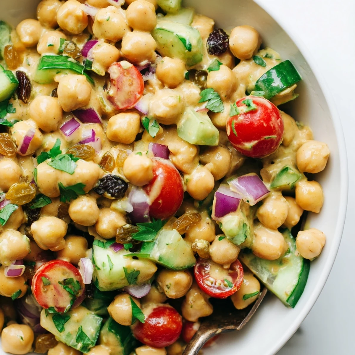 Creamy curried chickpea salad with crisp cucumber and tomatoes in a bowl, perfect for a light lunch.