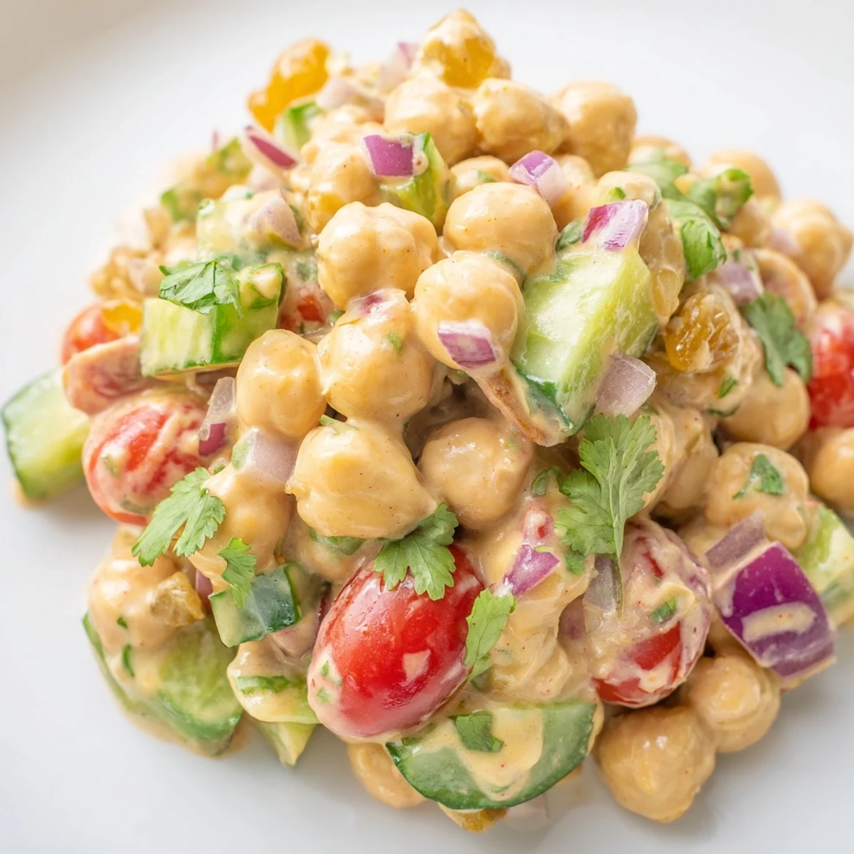 Bright curried chickpea salad garnished with cilantro and raisins, served chilled alongside a wedge of lemon.